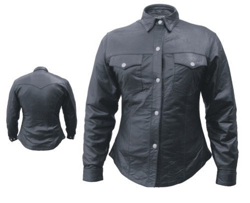 Lambskin Leather Western Shirt for Ladies with Snap Closures and Multiple Pockets - Black Hardware Gear