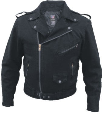 Black Denim Men's Motorcycle Jacket with Zippered Pockets and Silver Pro Hardware