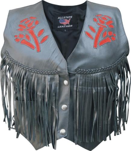 Classic Red Rose Braided Fringe Cowhide Vest