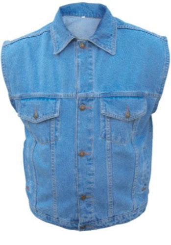 Authentic Men's Blue Denim Snap Collar Vest with Multiple Pockets and Gun Holster -