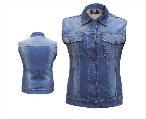 Blue Denim Sleeveless Snap Collar Vest for Women Gear