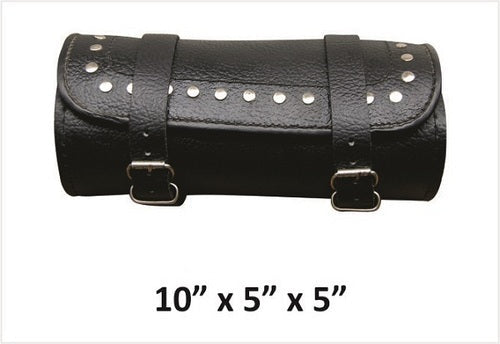 Round studded leather motorcycle tool Pro bag.