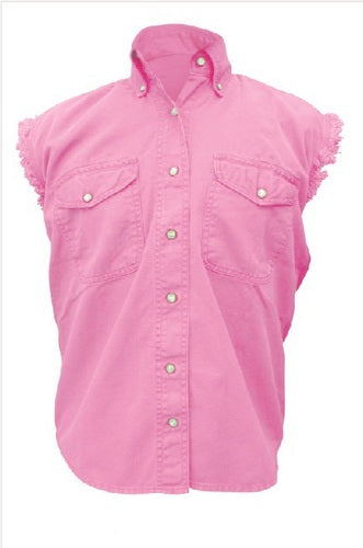 Pink Premium Cotton Twill Sleeveless Shirt with Snap Collar and Chest Pockets