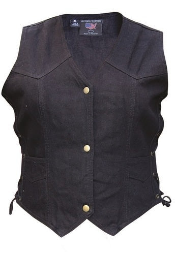 Black Lady Biker Style Denim Vest with Side Laces and Gun Pro Pockets