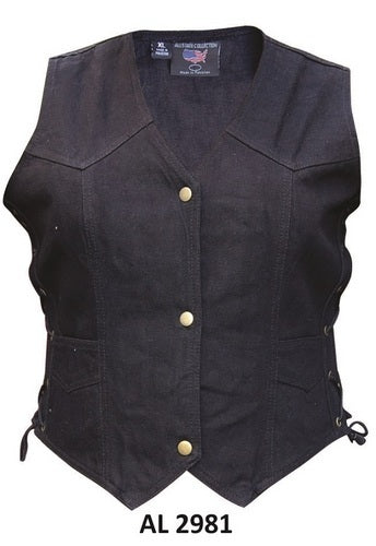 Black Lady Biker Style Denim Vest with Side Laces and Gun Pro Pockets