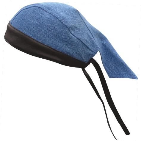 Authentic Blue Denim Skull Cap with Black Leather