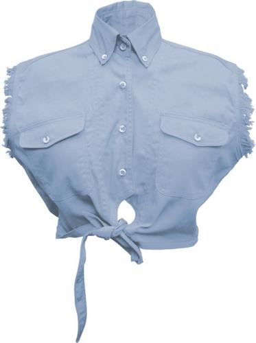 Authentic Light Blue Cotton Twill Tie-Up Sleeveless Shirt with Snap Down Collar and Chest Pockets