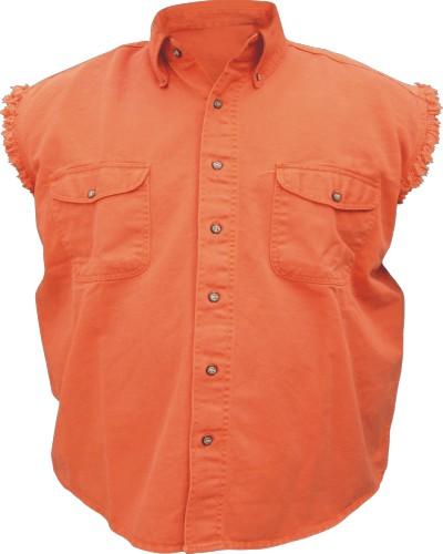 Men's Premium Orange Cotton Twill Sleeveless Shirt with Snap Down Collar and Chest Pockets -