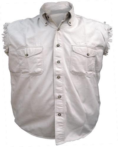 Cream Cotton Twill Men's Sleeveless Shirt with Front Buttoned Pro Pockets