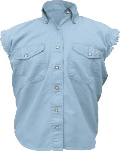 Light Blue Cotton Twill Sleeveless Shirt for Women with Front Buttoned Chest Rider Pockets