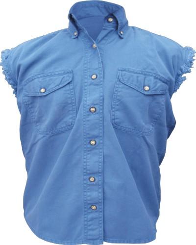 Dark Blue Cotton Twill Sleeveless Shirt with Buttoned Chest Pockets and Snap Pro Collar