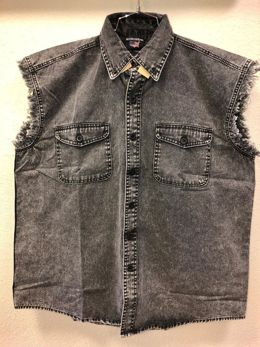 Charcoal Black Cotton Twill Sleeveless Shirt with Chest Rider Pockets