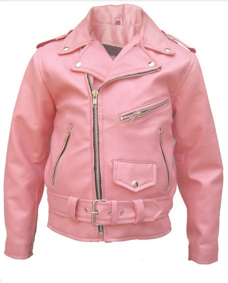 Classic Girls Pink Ana-line Cowhide Leather Motorcycle Jacket with Quilted Lining |