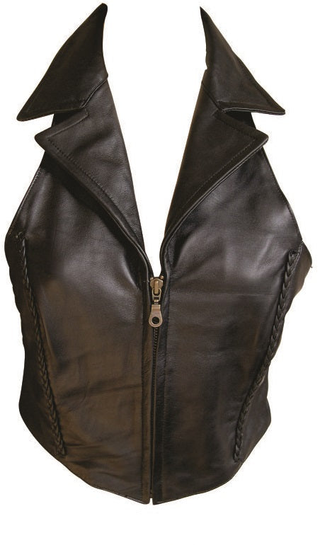 Chic Lambskin Halter Top with Braid Detail and Zipper Front - Women's Sleeveless Collared Blouse Gear