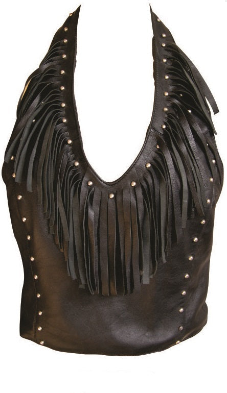 Fringe & Stud Embellished Lambskin Halter Top for Elite Women