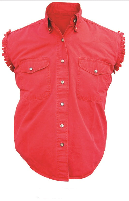 Red Premium Twill Cotton Sleeveless Shirt with Snap Collar and Chest Pockets