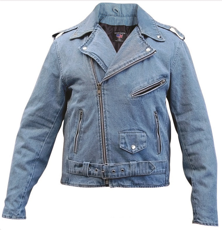 Blue Denim Motorcycle Jacket with Zippered Pockets and Silver Hardware - Elite Men's