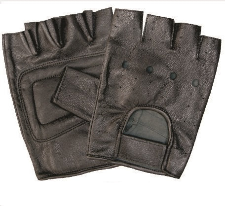 Classic Leather Padded Palm Vented Fingerless Gloves with Velcro Strap