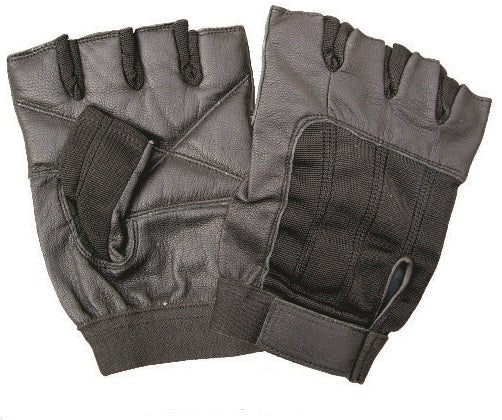 Black Leather Fingerless Gloves with Velcro Rider Strap