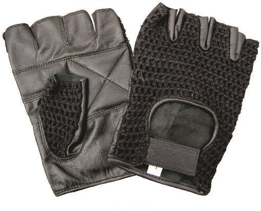 Black Leather Padded Palm Fingerless Gloves with Mesh and Velcro Elite Strap