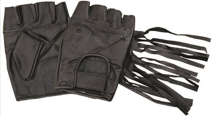 Classic Leather Fringed Fingerless Gloves with Velcro Strap