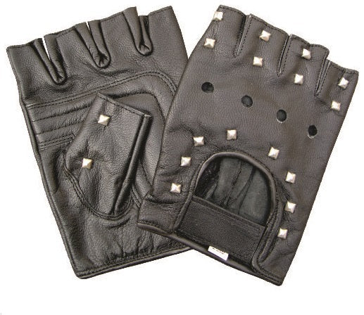 Studded Leather Fingerless Gloves with Velcro Rider Strap