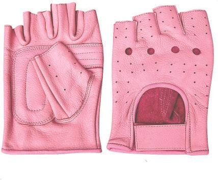 Pink Premium Leather Fingerless Gloves with Padded Palm and Velcro Strap