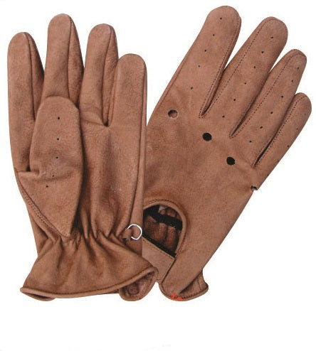 Authentic Buffalo Leather Brown Vented Back Driving Gloves with Velcro Strap -