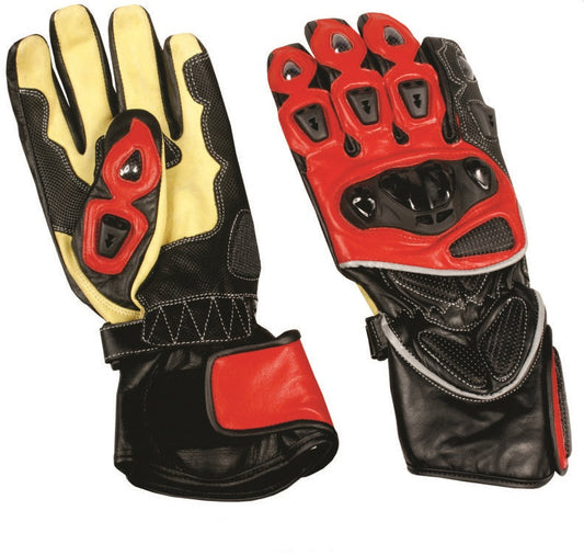 Men's Sport Bike Riding Gloves - Black/Red/Yellow Cowhide Leather with Kevlar Knuckle Protectors and Reflective Rider Piping