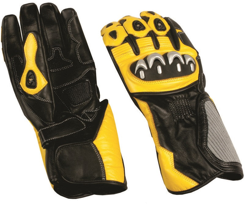 Black and Yellow Cowhide Leather Sport Bike Riding Gloves with Kevlar Knuckle Elite Protectors