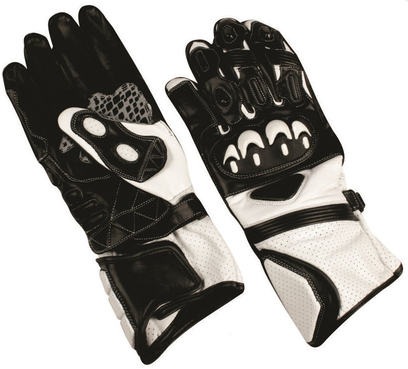 Authentic Men's Black and White Cowhide Leather Sport Bike Riding Gloves with Kevlar Knuckle Protectors