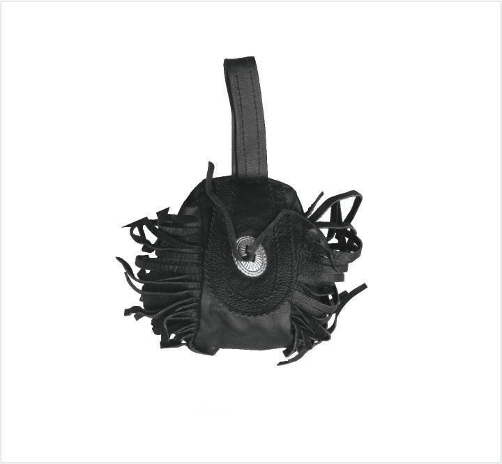 Leather Clam Shell with velcro closure, fringe, conches, and a belt loop. Gear